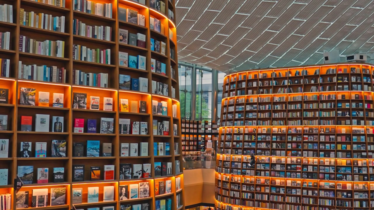 Starfield Library is a public cultural space located inside COEX Mall in Gangnam, Seoul, famous for its massive, floor-to-ceiling wooden bookshelves, warm ambient lighting, and bustling escalators.