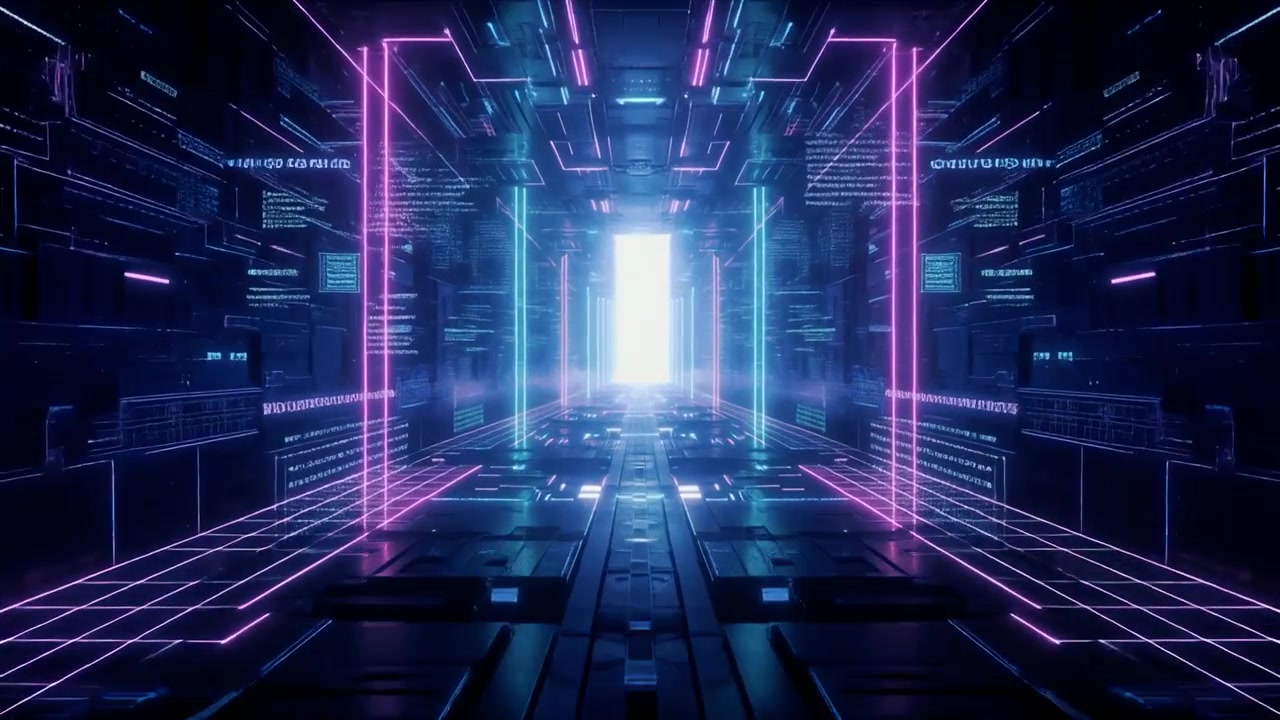 Futuristic Digital Corridor with Glowing Neon Lights and Data Streams