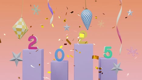 animation of confetti falling over 2025 text and decorations on orange background