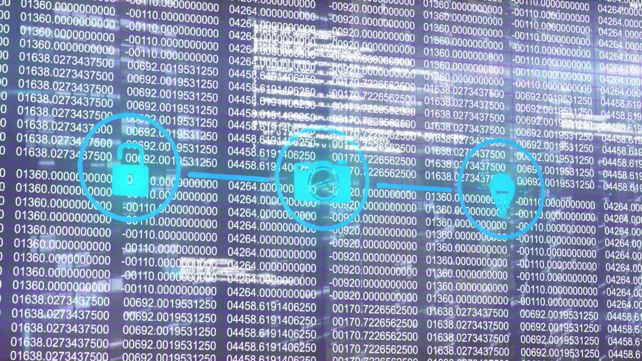 Animation of network of connections with icons over data processing on black background