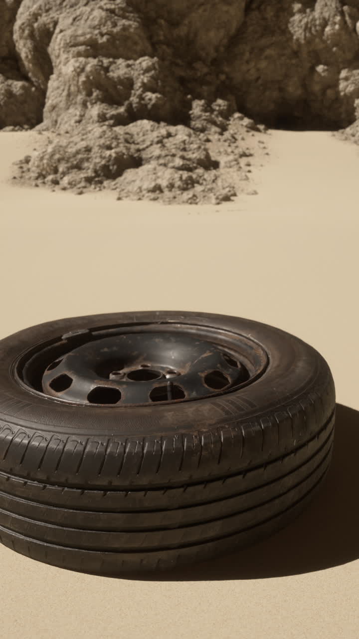 viejo neumático en una playa desierta