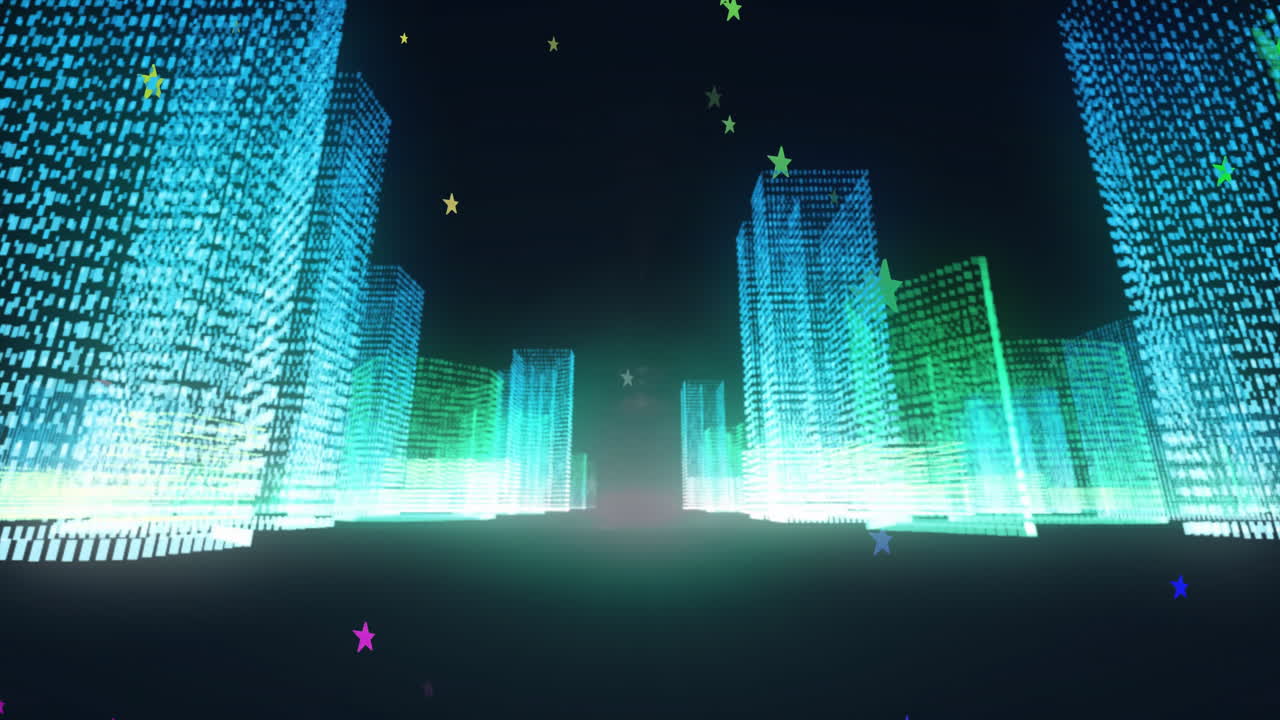 Digital cityscape with glowing skyscrapers and colorful stars in animated night sky