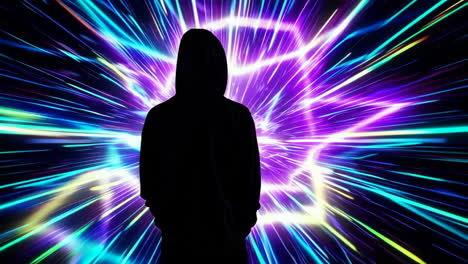 mysterious hooded figure in a cybernetic light tunnel