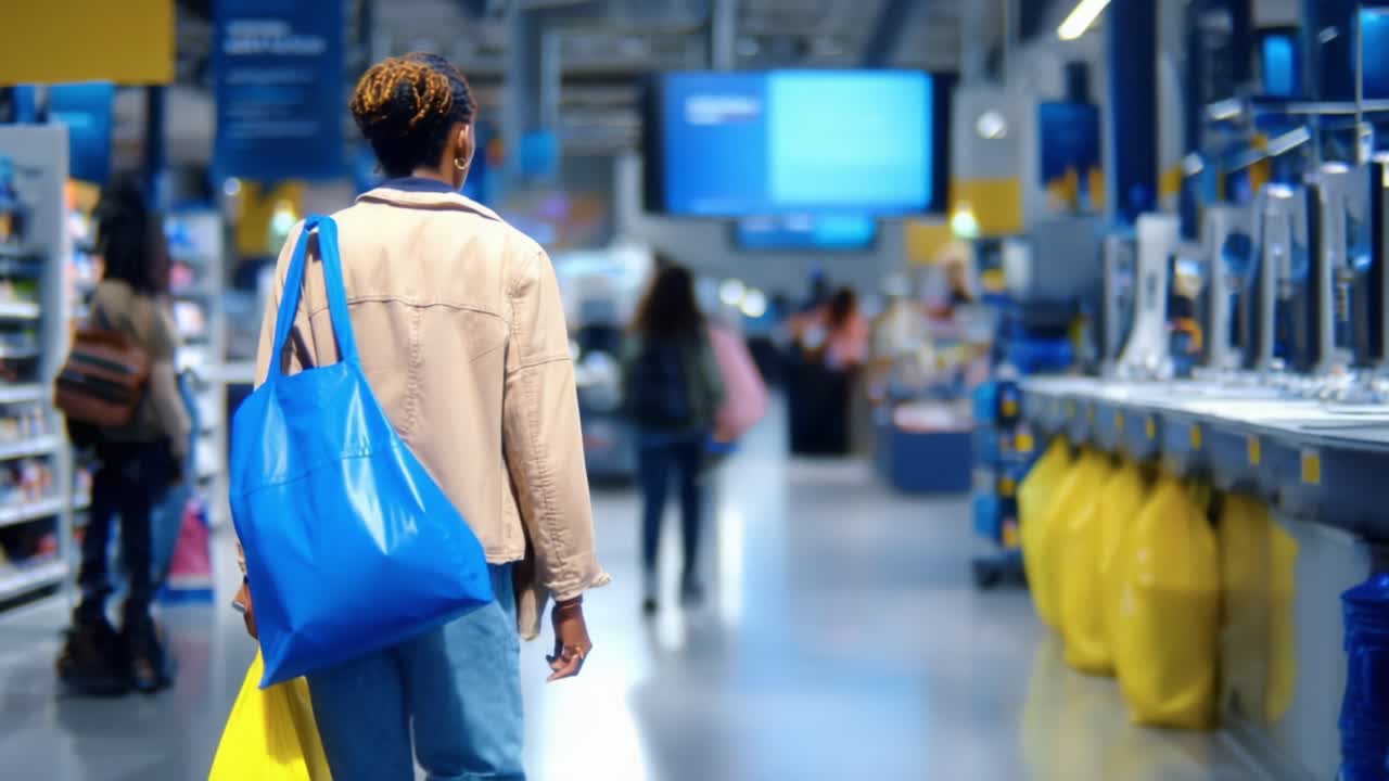 A shopper walks through a vibrant retail store, carrying a blue tote bag filled with items. The lively atmosphere is filled with shoppers, illuminated by bright signage in the background