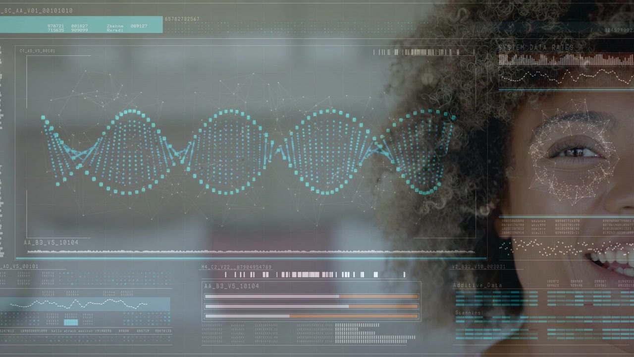 Vertical video: Woman opening eyes, smiling as holo DNA helix initiating health scan of face charts