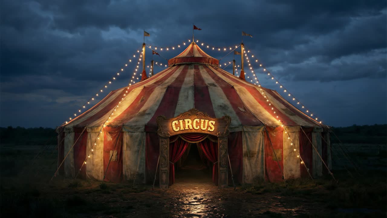Tenda colorida brilha através das nuvens, luzes festivas iluminam o céu sombrio