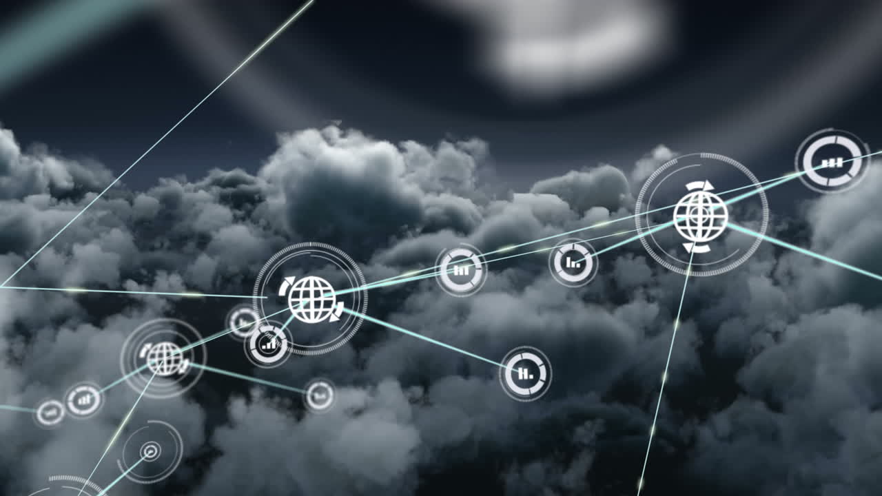 Animation of network of connections with icons over sky with clouds