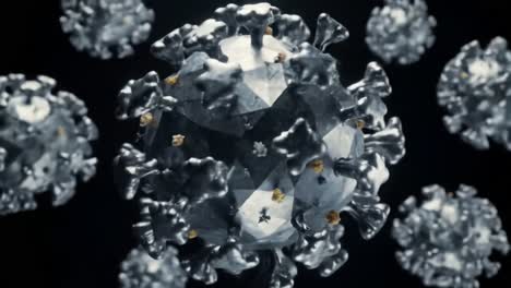 magnified visualization of a viral structure, showcasing the intricate details and unique characteristics of a microscopic pathogen in a dark background
