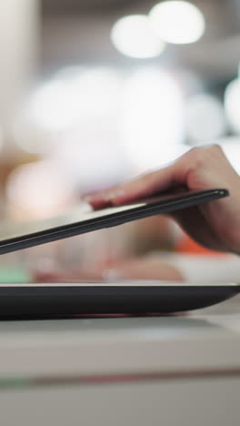 close-up of hand reaching to open a closed laptop on a sleek white table in a modern indoor environment, vibrant blurred bokeh lighting