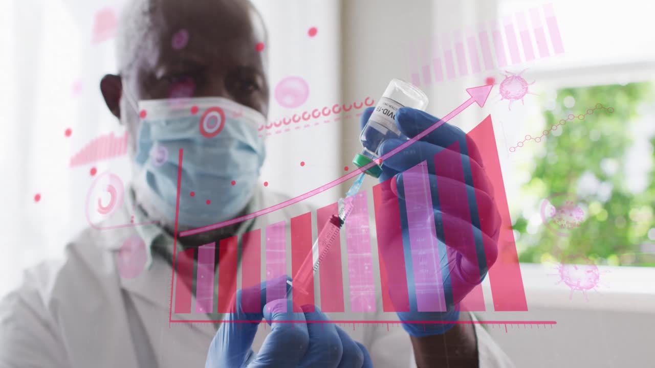 animación de células de virus y gráfico sobre médico afroamericano con máscara facial con vacuna