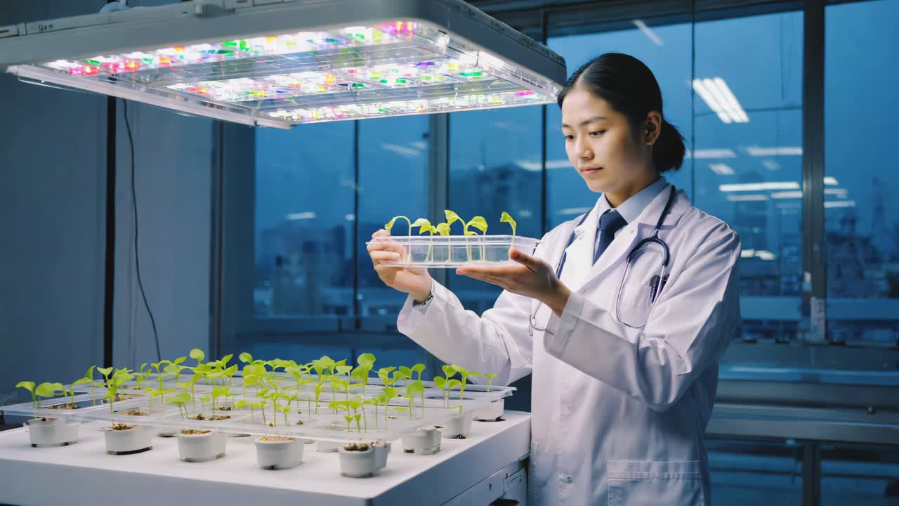 Scientist Examining Plant Seedlings in a Laboratory Under Grow Lights