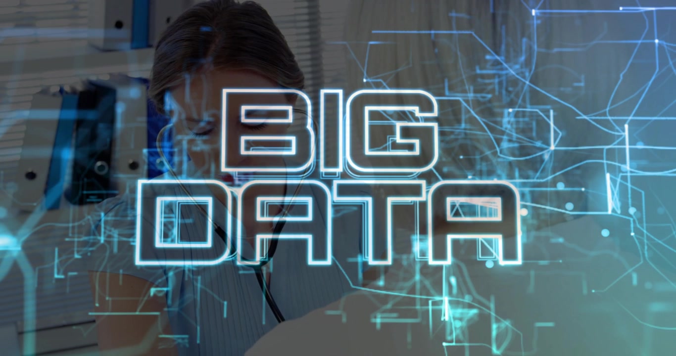 Doctor placing stethoscope on patient in clinic activating hologram BIG DATA pulsing for diagnosis
