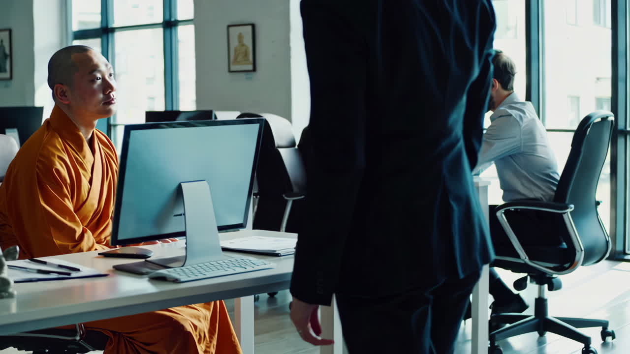 현대적인 사무실에 있는 승려