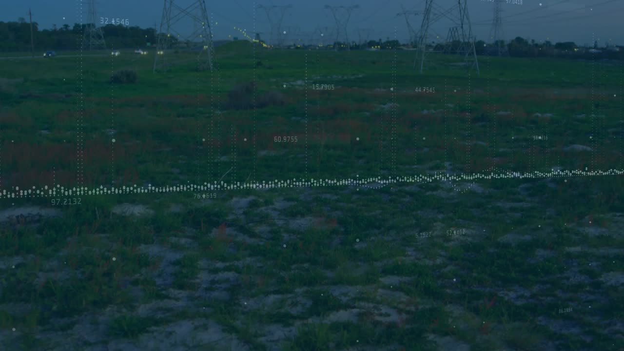 Dusk-triggered data sweep animating twin pylons, pulsing waveform and labels to monitor grid health