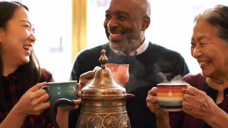 a joyful moment of connection: three friends share hot beverages while celebrating togetherness in a warm and inviting atmosphere