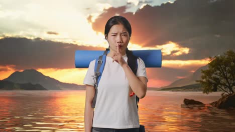 woman hiking, sunset by lake