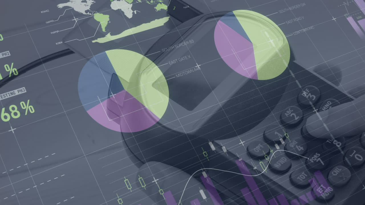 animación de gráficos y datos financieros sobre la mano de un hombre caucásico que posee un terminal de pago