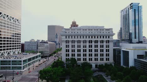 rising cinematic aerial above milwaukee wisconsin downtown - aerial sunset