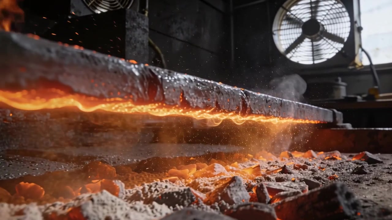 Carboni che riscaldano una lunga barra d'acciaio nella fucina, facendo ondeggiare la parte fusa per la forgiatura, con una ventola che alimenta le scintille.