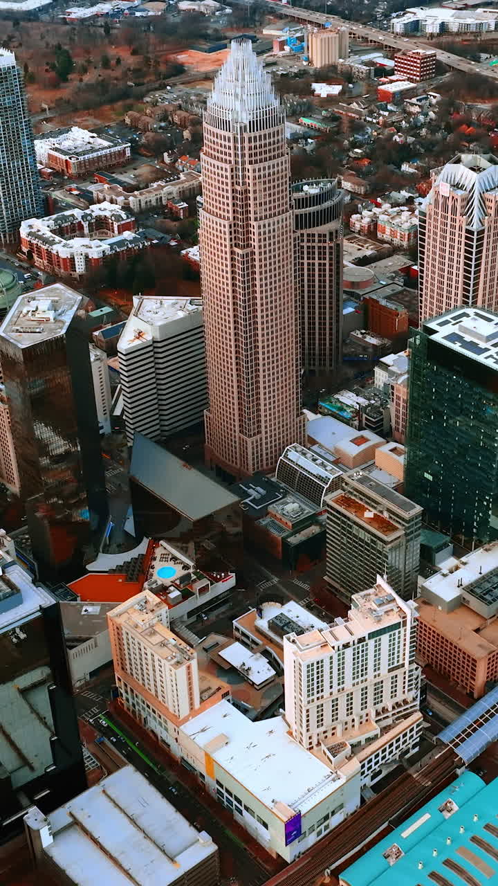Splendido scenario del moderno centro di una città americana, costruito con magnifici grattacieli. Vista su Charlotte, Carolina del Nord, USA dall'alto. Video verticale.