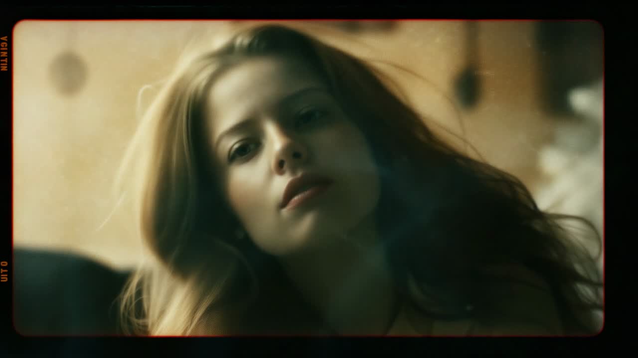 Opening shot showing model lifting chin and meeting gaze on couch, with wall-hanging floral accent