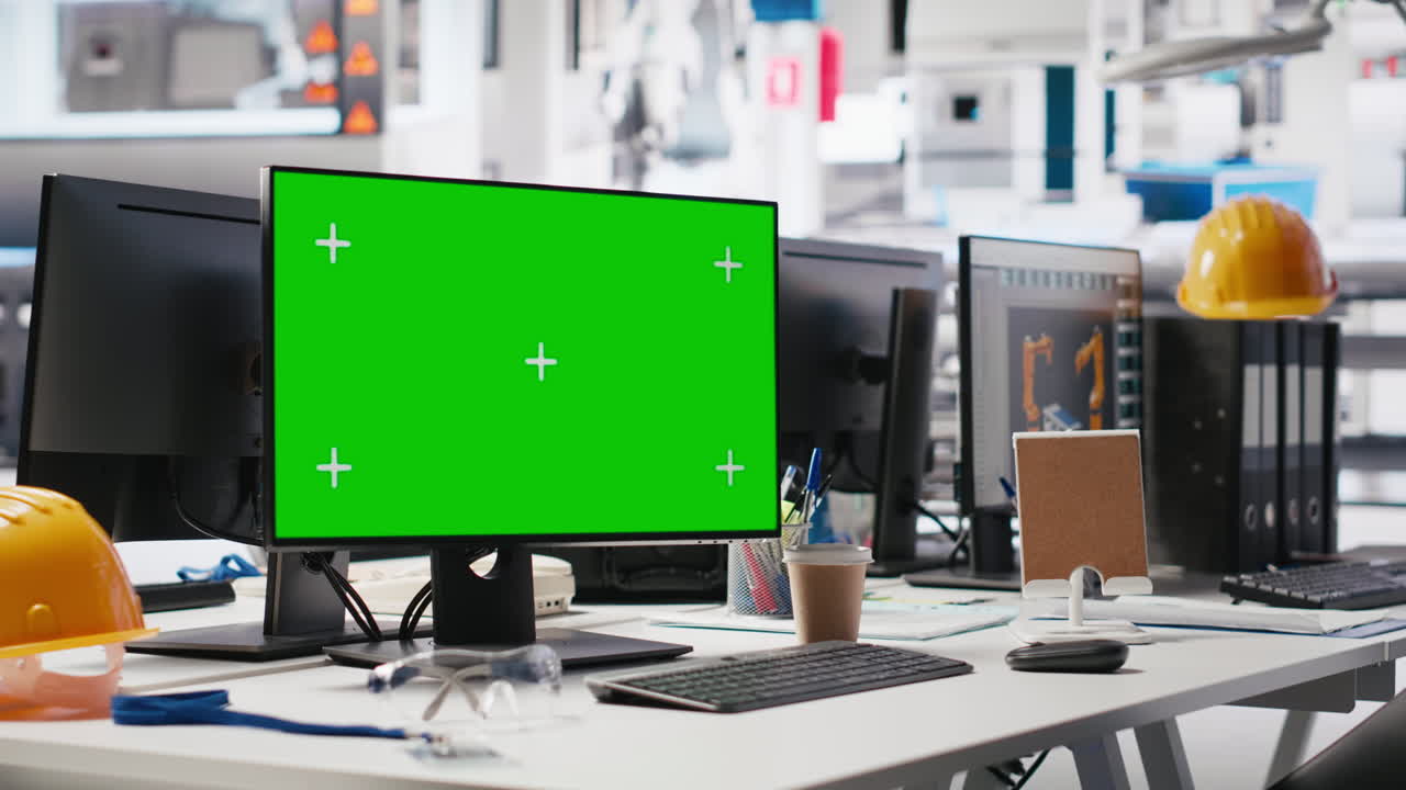 Empty desk with laptop running green screen in solar panel manufacturing plant