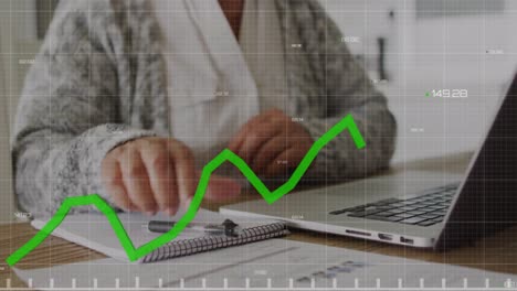 animation of green line, statistics and financial data processing over senior woman using laptop