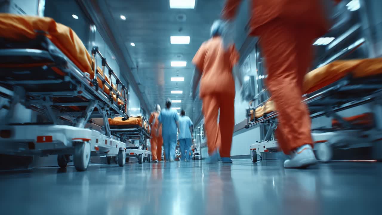 Interazione dinamica in un pronto soccorso ospedaliero: operatori sanitari in movimento in un ambiente medico frenetico che mette in evidenza urgenza e cura