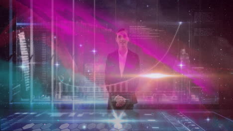 interacting with futuristic animation, businesswoman experiencing colorful light effects