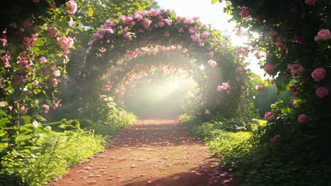 a path through a tunnel of pink roses in the middle of a lush green forest