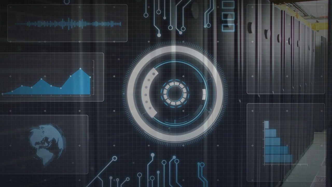 HUD activating over server racks, brightening and rotating rings, charts rising for diagnostics