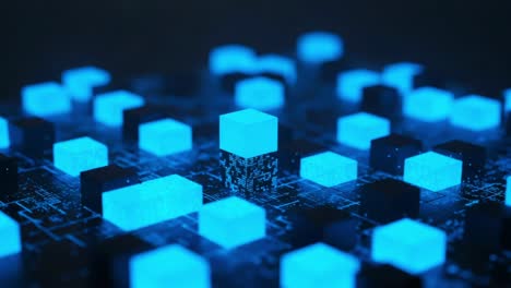 exploring a digital landscape: illuminated cubes on a circuit board creating a visually striking composition in a high-tech environment