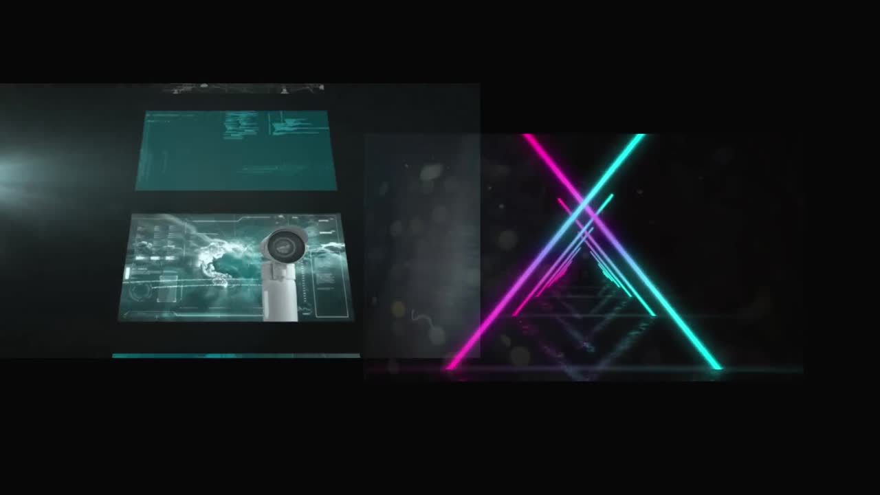 animación de diversos datos en pantallas y triángulos de neón que se mueven sobre un fondo negro