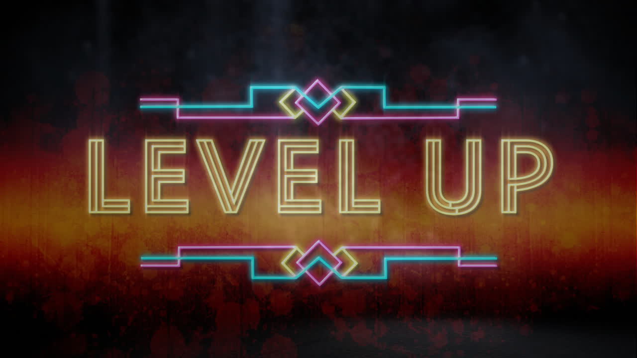 Animation of neon level up text on black background