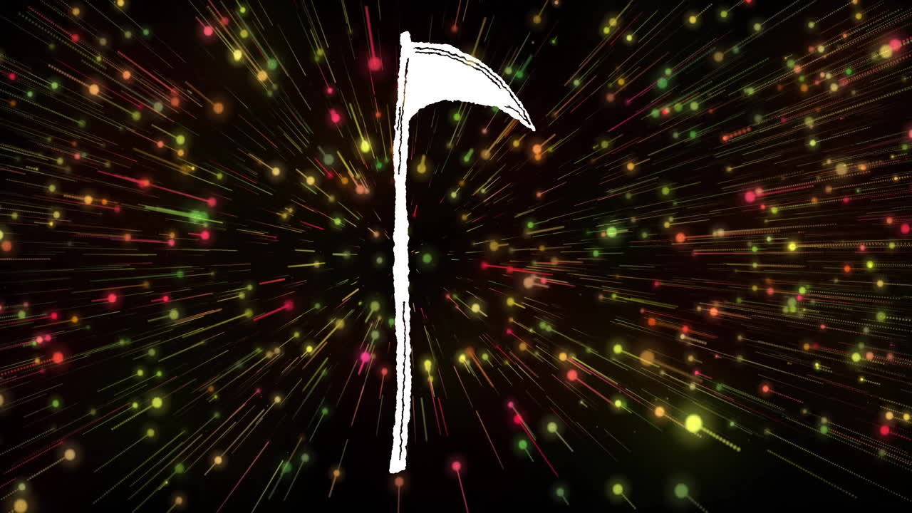 Animation of white scythe over colorful light burst on dark background
