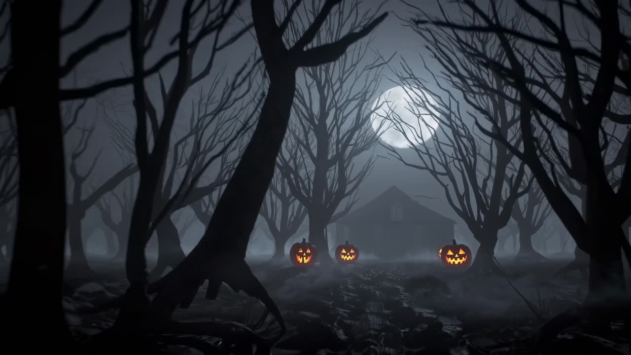 Scena inquietante di una foresta con alberi contorti e jack-o'-lantern luminose, illuminata da una luna piena, che crea un'atmosfera spettrale in un'ambientazione nebbiosa di Halloween.
