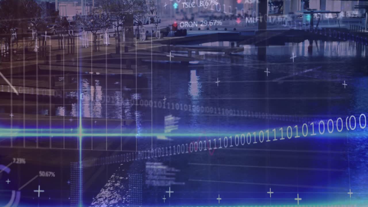 금융 데이터, 바이너리 코드 및 도시 건물에 대한 그래프의 애니메이션