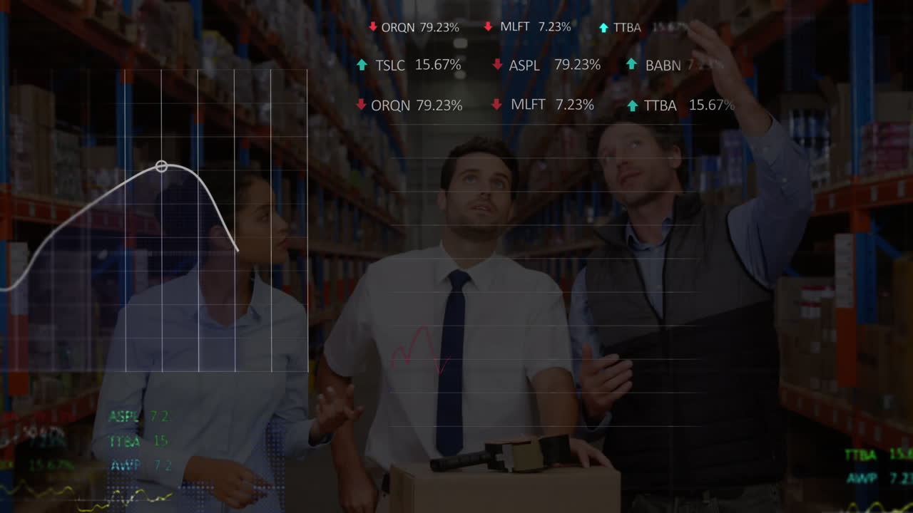 Animation of financial data processing over male and female supervisors discussing at warehouse
