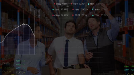 animation of financial data processing over male and female supervisors discussing at warehouse