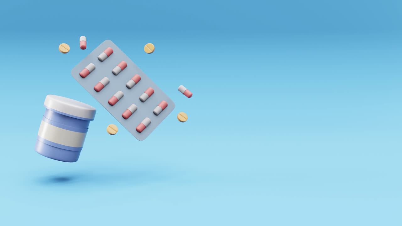 3D rendering of pill bottle and capsules in blister pack with copy space