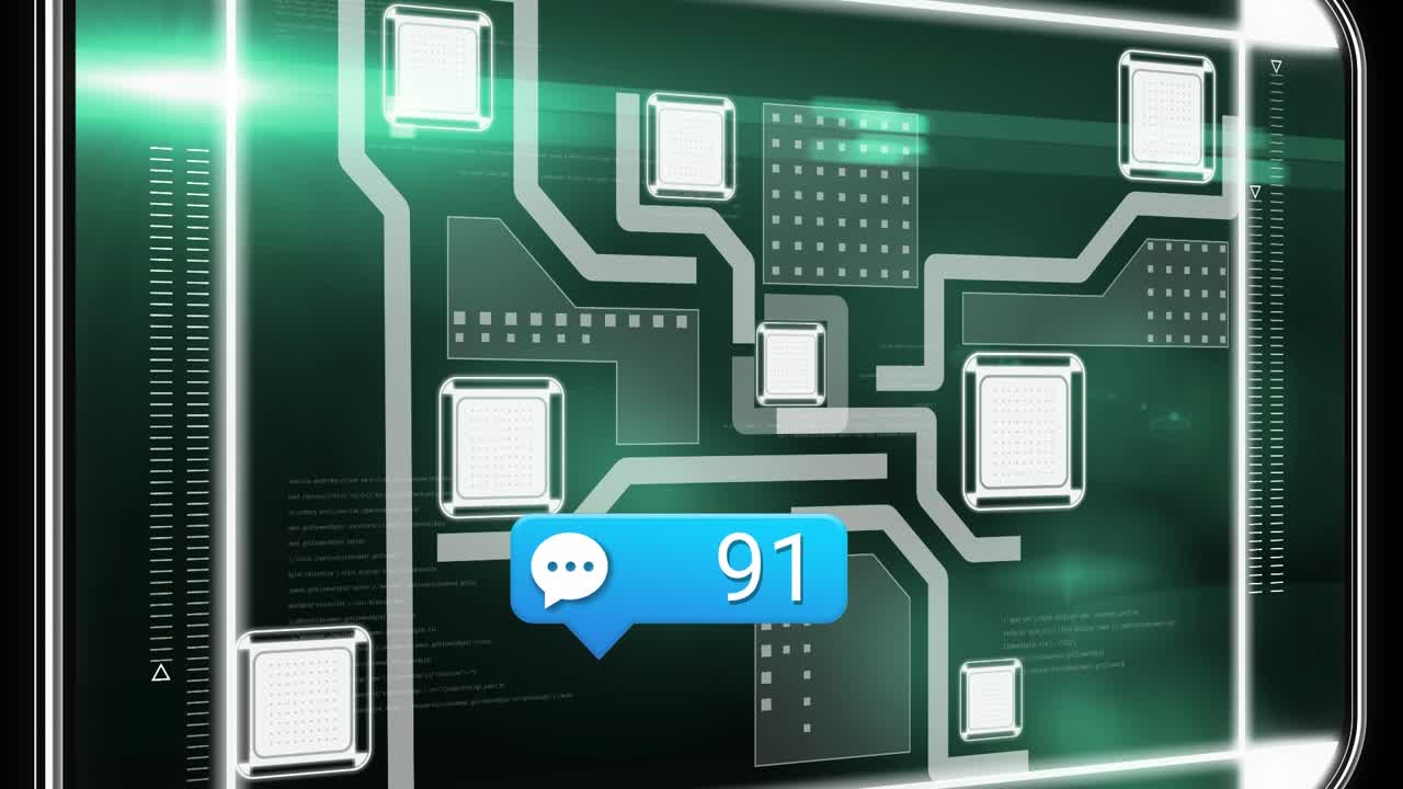Animazione di elaborazione dati e icone multimediali su sfondo nero
