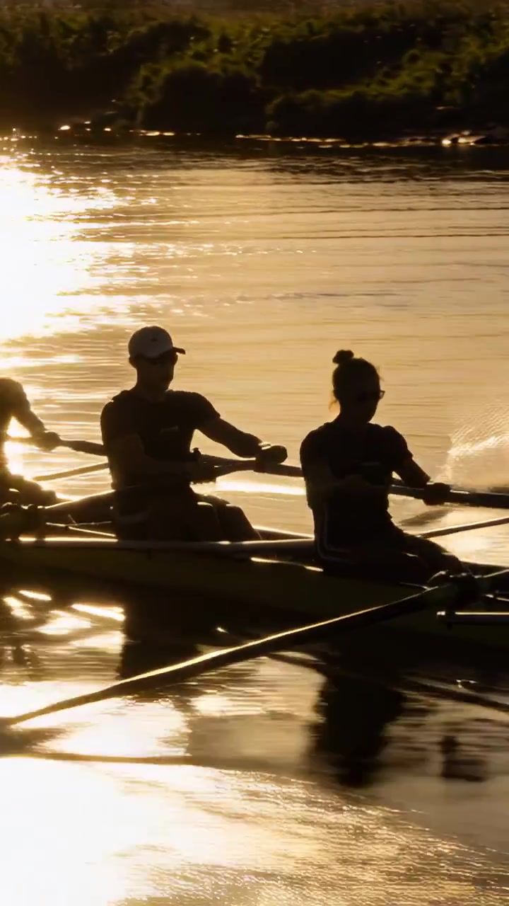 Vertical video: Entering left three rowers in gear rowing sunlit river in shell to train with oars