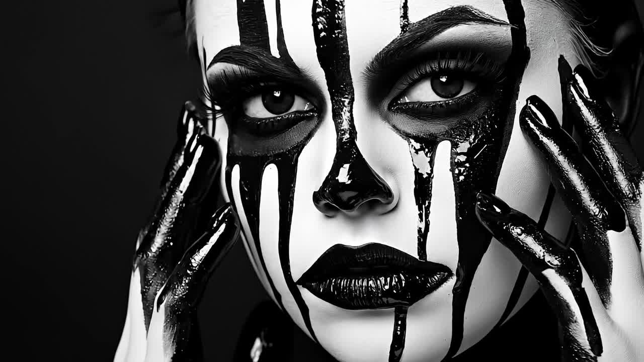 Una donna con trucco bianco e nero e trucco nero e argento