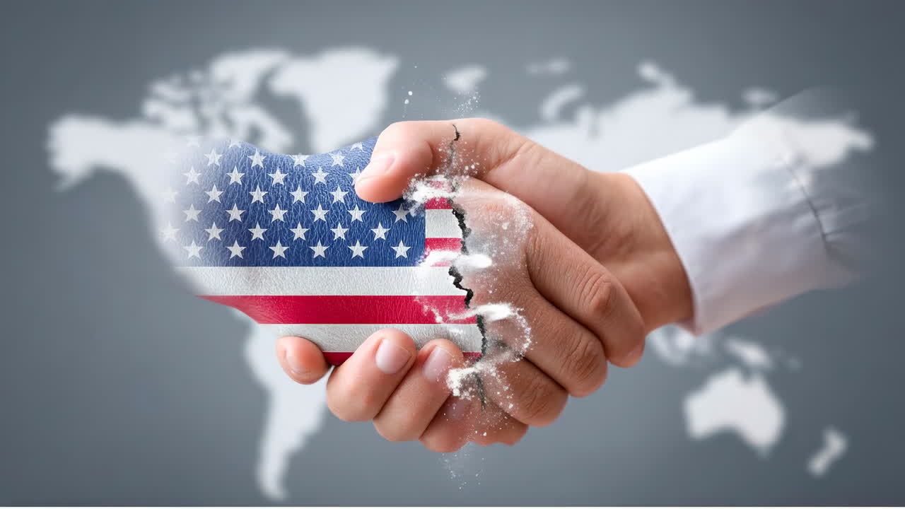 Handshake with American flag. A hand grips a surface designed like the American flag, representing cooperation in a global context
