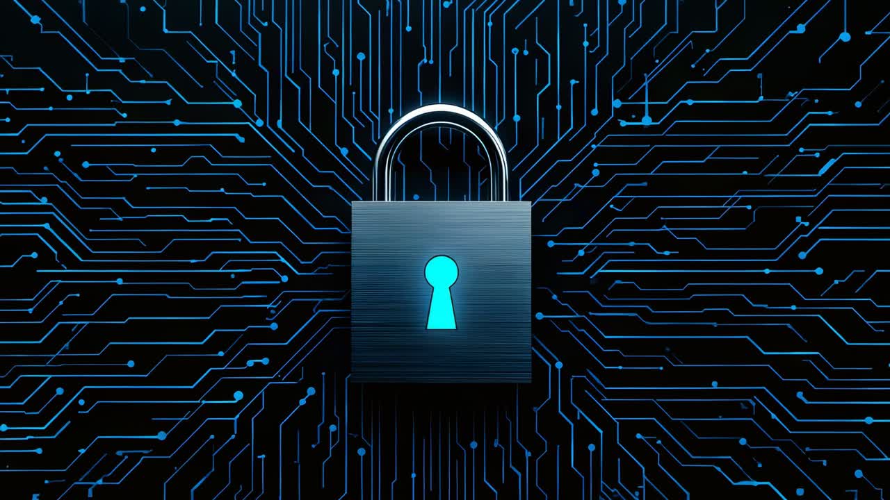 Displaying glowing-keyhole padlock staying locked on dark circuit board, neon-blue traces radiating