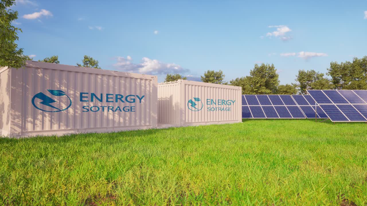 Centrale di accumulo energetico a batteria affiancata da energia solare. Concetto di nuova energia