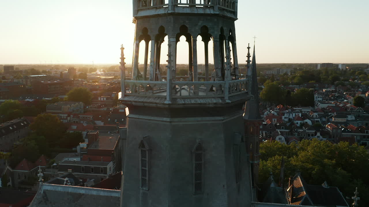 Aerial View Of The Spire Of The Historic Gouwekerk At Dusk In Gouda, South Holland, Netherlands