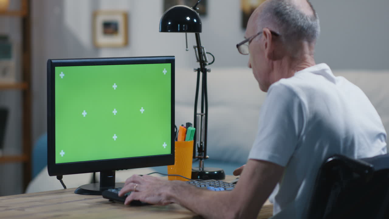 Elderly Man Working at Home on Computer