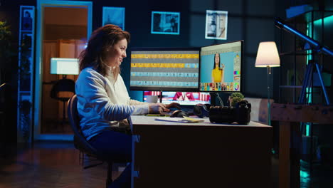 photographer using computer to perform editing operations, drinking coffee