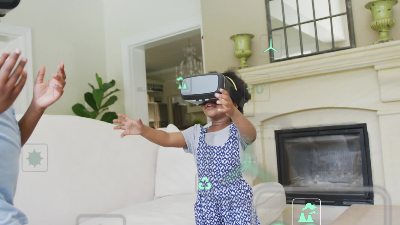 Animation of media icons and data processing over biracial siblings using vr headsets